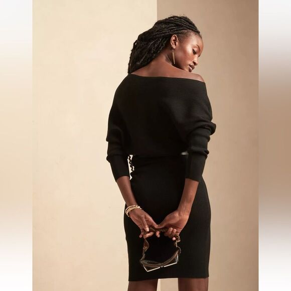 Banana Republic Colleta Off-Shoulder Sweater Dress Size M Black - Picture 3 of 7